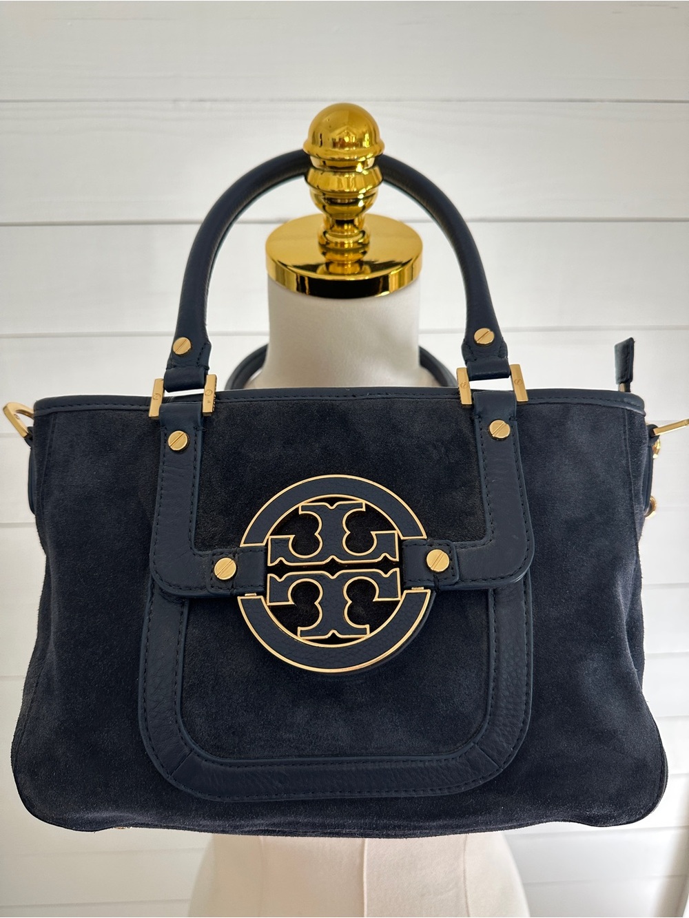 Tory Burch Amanda Navy Suede Top-Handle Handbag with Gold Hardware